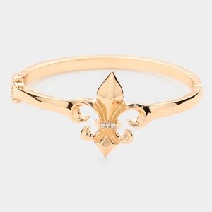 Gold Fleur-De-Lis Rhinestone Metal Cuff Bracelet Bangle Hinged Casual Jewelry